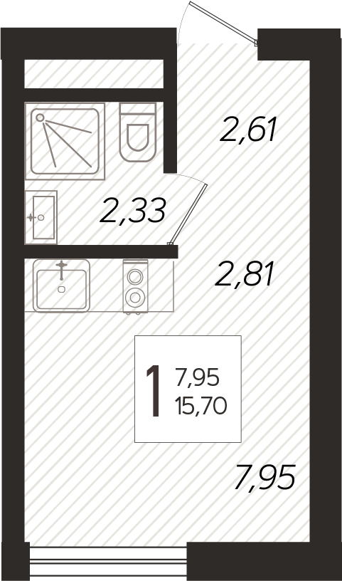 1-комнатные апартаменты 24,06 м² в ГК Белые Ночи, Сочи, подъезд 1, этаж 7 из 16