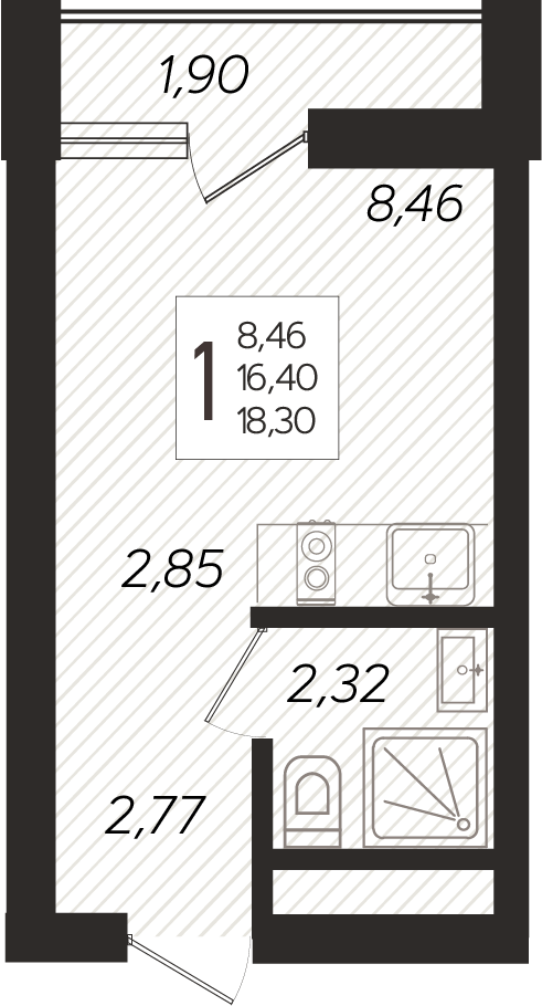 2-комнатные апартаменты 46,26 м² в ГК Белые Ночи, Сочи, подъезд 1, этаж 8 из 16