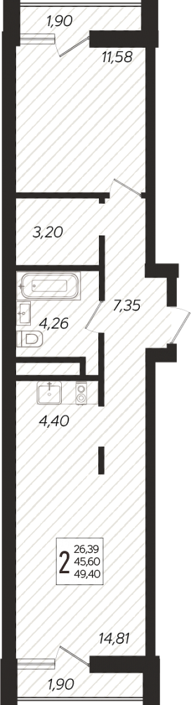 2-комнатные апартаменты 46,3 м², подъезд 1, этаж 10 из 16